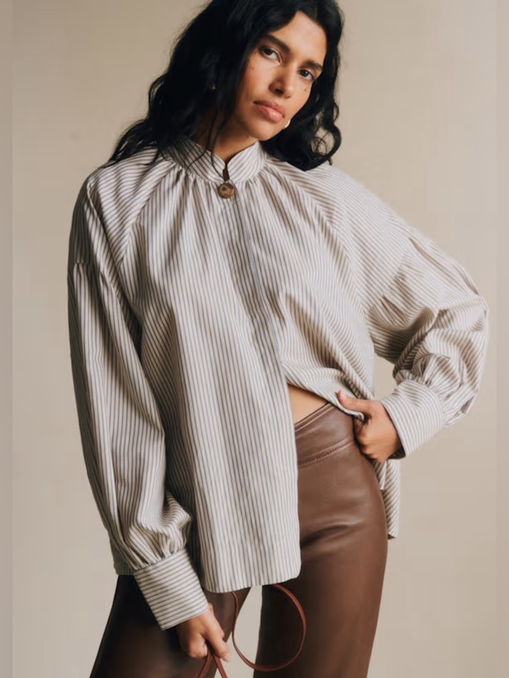 Sezane Cream and Brown Pinstripe Cotton Blouse